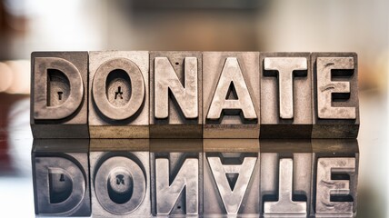 Metal block letters spelling out the word donate reflected below