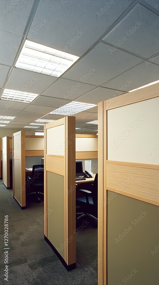 Poster modern office cubicles featuring warm wood elements and open space : generative ai