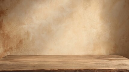Rustic Wooden Tabletop Against a Beige Textured Wall: A Blank Canvas for Product Photography