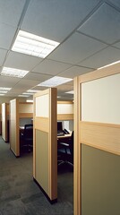 Modern Office Cubicles Featuring Warm Wood Elements and Open Space : Generative AI