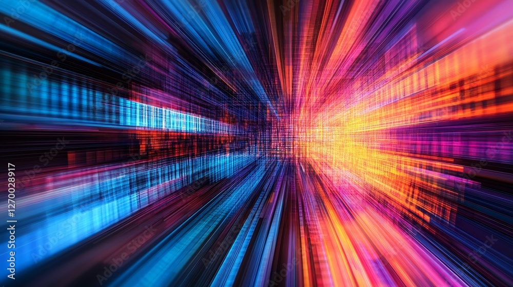 Poster Stunning visual representation of data movement with vibrant hues of blue and orange creating a dynamic digital effect : Generative AI