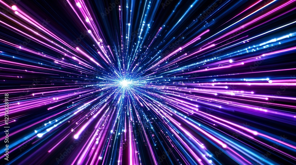 Poster vivid digital light trails bursting outward in mesmerizing shades of pink and blue creating a futuri