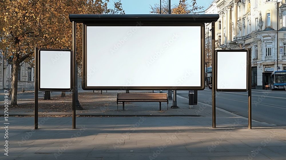 Aufkleber Modern bus stop showcasing multiple blank advertisement boards with a rustic bench in an urban setting : Generative AI