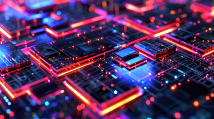 Obraz premium Futuristic digital circuit board with glowing neon lights and intricate patterns, showcasing technology and innovation in vibrant, colorful design