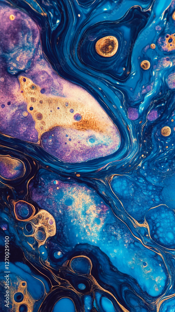 Poster abstract close-up of flowing blue and gold paint with intricate textures and patterns, symbolizing c