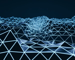 A digital landscape featuring a glowing wireframe grid with triangular shapes, symbolizing a futuristic environment, technology, and virtual connectivity in cyberspace.