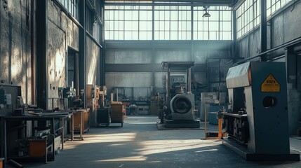Sunlit Industrial Interior: Machinery and Workbenches