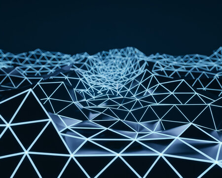 A digital landscape featuring a glowing wireframe grid with triangular shapes, symbolizing a futuristic environment, technology, and virtual connectivity in cyberspace.