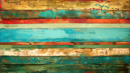Colorful wooden planks create vibrant and textured background, showcasing various shades of blue, red, green, and gold. This artistic arrangement adds warmth and character to any space