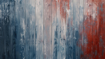 Obraz premium Textured wooden wall with blue, white, and red paint streaks, creating rustic and artistic appearance. colors blend harmoniously, evoking sense of creativity and warmth
