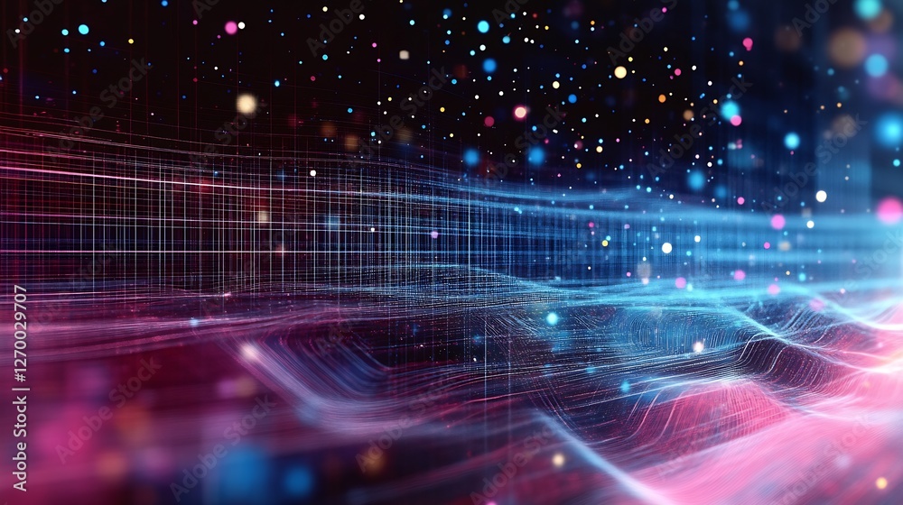 Fototapete colorful abstract art piece featuring dynamic streams of pink and blue dots on a dark background cre