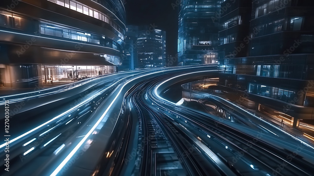 Aufkleber illuminated railway tracks twisting through a futuristic city at night with glowing light trails : g
