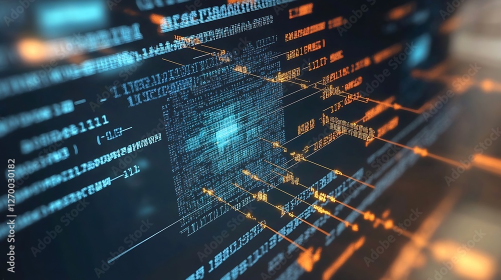Aufkleber Futuristic digital interface featuring blue and orange binary data analysis on a black background : Generative AI