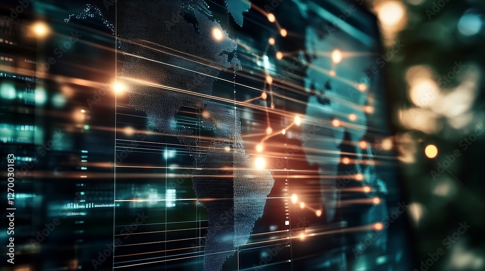 Poster Dynamic global data network visual display showcasing interactive maps and connections in a digital realm : Generative AI