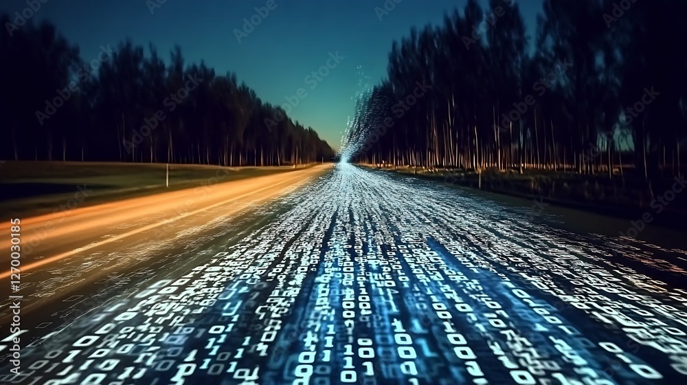 Poster motion blur of pixels and binary code flowing down a road surrounded by trees : generative ai