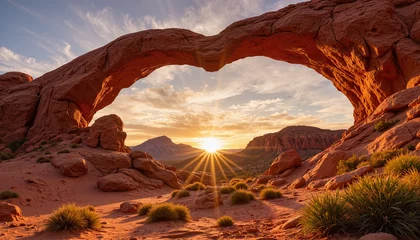 Sunrise over red rock arch with desert landscape