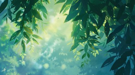 serene view of lush green leaves against soft, glowing background, creating tranquil atmosphere. Perfect for nature themed projects