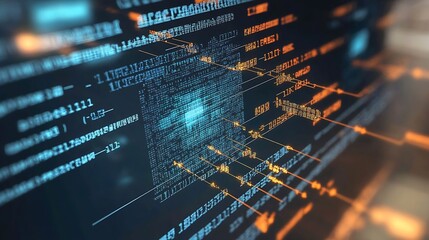 Futuristic digital interface featuring blue and orange binary data analysis on a black background : Generative AI