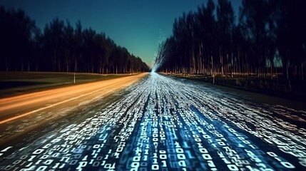 Motion Blur of Pixels and Binary Code Flowing Down a Road Surrounded by Trees : Generative AI
