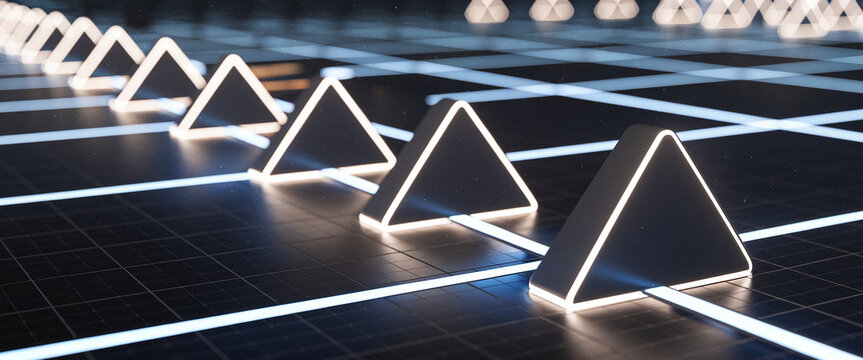 A clean and minimalistic design featuring illuminated triangular shapes arranged in a grid pattern, symbolizing technology, structure, and modern digital art.