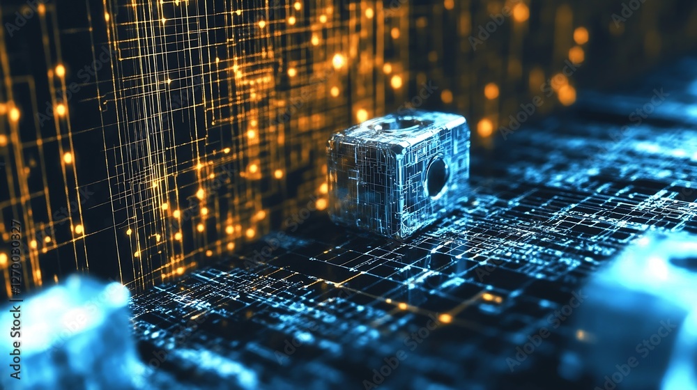 Poster Close-up of a digital technology scene showcasing 3D code blocks and glowing elements : Generative AI
