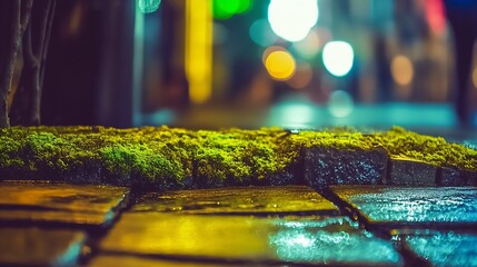 Vibrant green moss contrasting with wet cobblestones in a colorful urban nighttime setting : Generative AI