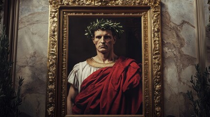 Naklejka premium Stoic Portrait of an Emperor Framed in Gold against a Marble Wall