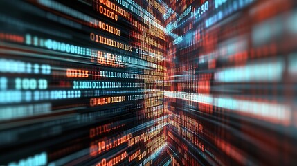 Dynamic visual of accelerating digital data with vibrant glowing bits in a high-tech digital landscape : Generative AI