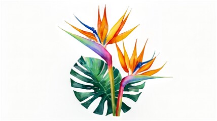 Hand-painted watercolor floral arrangement of Bird of Paradise with tropical leaves.