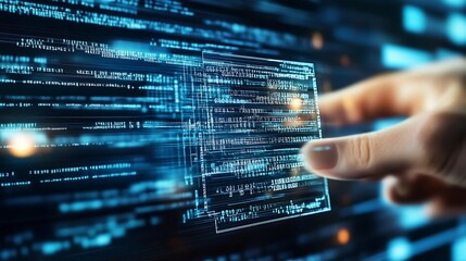Close-up view of a person's hand interacting with a virtual digital interface displaying binary data : Generative AI