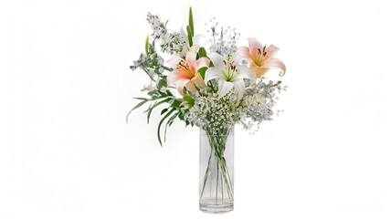 Fototapeta premium Hand-painted watercolor floral arrangement with lilies in a glass vase.