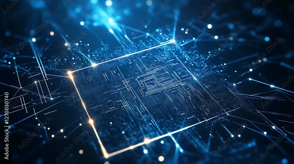 Poster Futuristic technological background depicting a microchip in a vibrant blue light setting : Generative AI