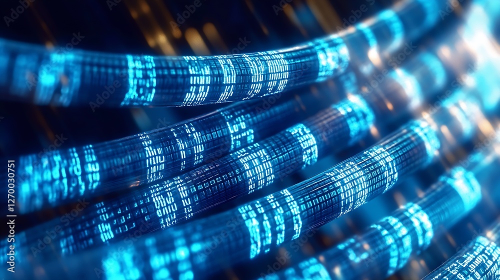 Poster Illuminated fiber optic cables displaying flowing binary code in a tech-focused ambiance : Generative AI