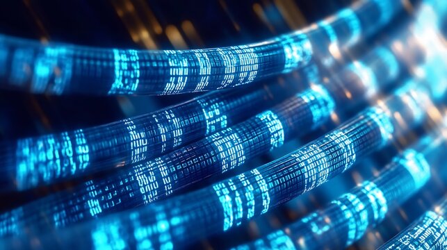 Illuminated fiber optic cables displaying flowing binary code in a tech-focused ambiance : Generative AI