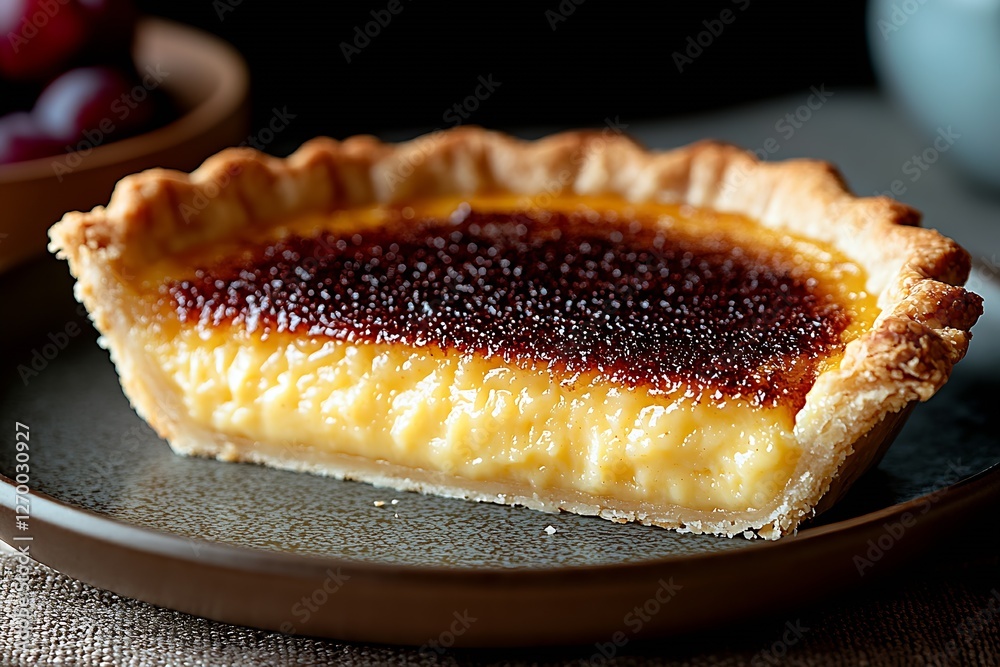 Poster Homemade custard pie with a golden crust and raspberry topping on a textured brown plate : Generative AI