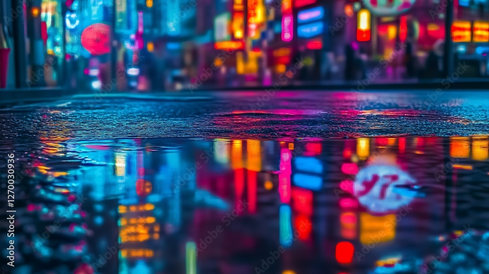 Aufkleber colorful cityscape with neon lights reflecting in puddles at night : generative ai