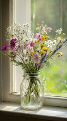 A Beautiful Bouquet of Wildflowers in a Glass Jar on a Windowsill