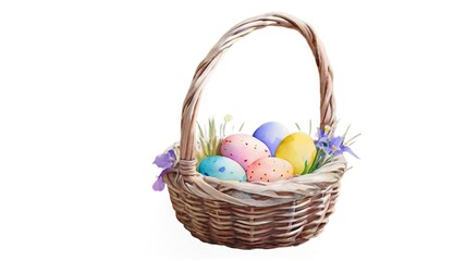 Still life watercolor painting of an Easter basket with colorful eggs.