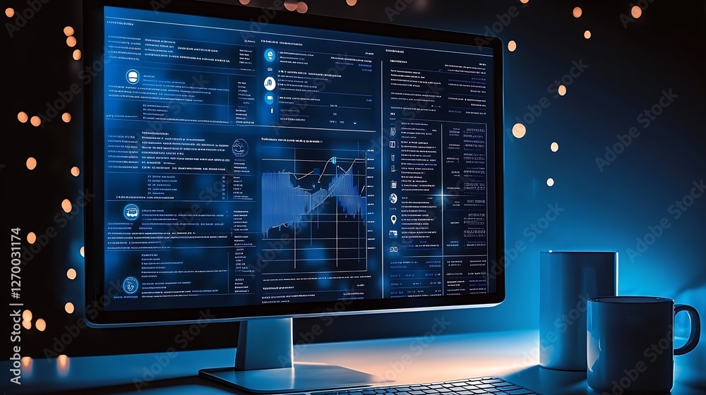 Poster High-tech computer screen displaying market data and financial analytics at dusk : Generative AI