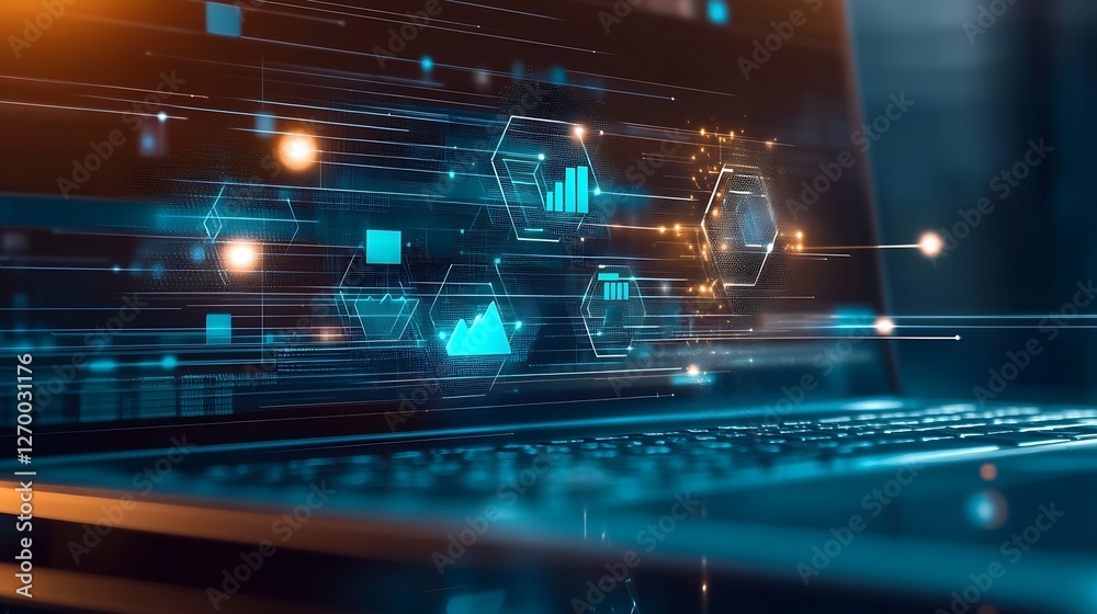 Poster Futuristic glowing data analytics on laptop screen with graphs and charts : Generative AI