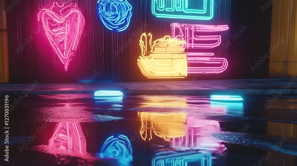 Fototapete colorful neon signage displayed on a wall reflected in a puddle on wet concrete : generative ai
