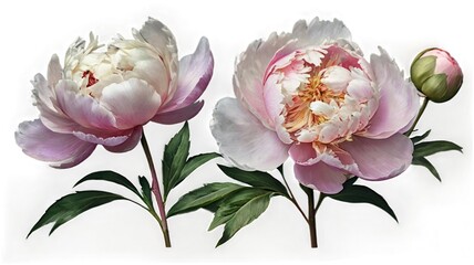 Fototapeta premium Watercolor peony bouquet with lush pink and white flowers.