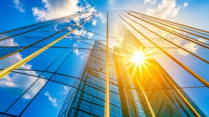 Fototapeta premium Modern Skyscrapers Reflecting Sunlight and Clouds: A Stunning Architectural Image