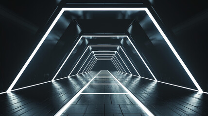 Obraz premium A futuristic corridor illuminated by glowing lights, with geometric patterns on the floor and walls, representing modern technology, digital advancement, and sci-fi design.