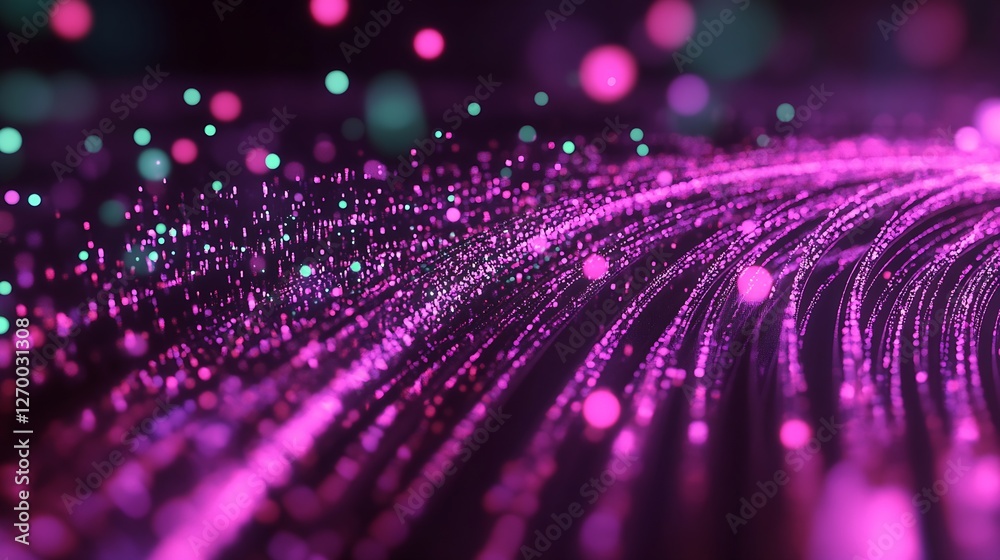 Poster mesmerizing wave of colorful light particles swirling in shades of purple and teal : generative ai