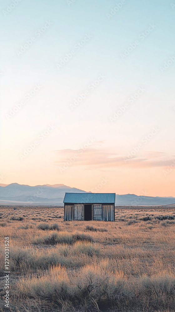 Poster A small wooden shed standing alone on a vast open field with mountains in the background at sunrise, symbolizing isolation and simplicity in a rural landscape.
