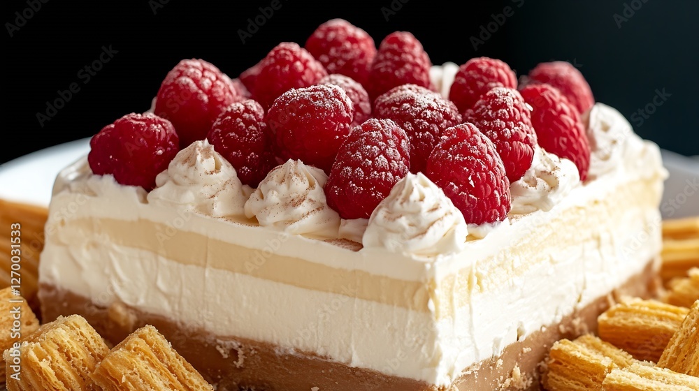 Aufkleber Decadent layered raspberry dessert topped with whipped cream and fresh raspberries on a plate : Generative AI