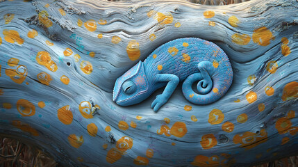 Sleepy Chameleon Resting on Painted Driftwood, Nature Background, Wildlife Illustration