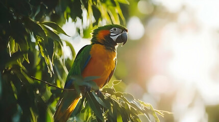 Sunlit Blue-and-yellow Macaw perched on branch, rainforest backdrop, vibrant plumage, wildlife photography