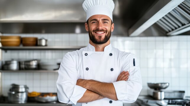 Smiling chef in crisp white attire stands confidently in a professional kitchen, ready to create culinary magic.
